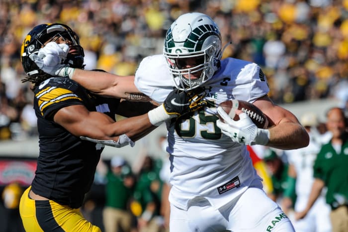 Colorado State TE Trey McBride uses stiff arm